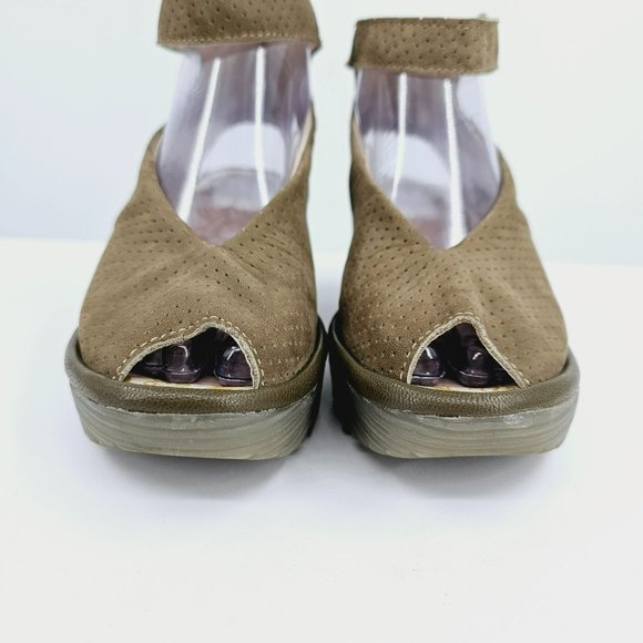 Fly London Yala Sandals 36 5.5 Perforated Suede Wedge Olive Green Taupe Peep Toe - Picture 4 of 13